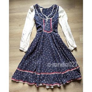 Vintage Gunne Sax 7 Blue Red Floral Print Long Sleeve Cottagecore Prairie Dress
